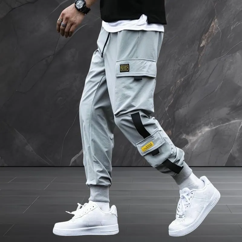 Men's Spring Autumn Cuffed Hem Casual Black Hip Hop Korean Loose Fit Harem INS Style Cargo Pants Long