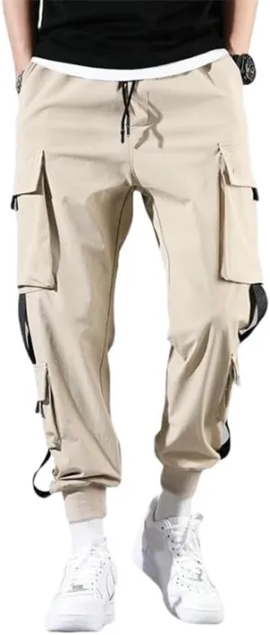 Men's Spring Autumn Cuffed Hem Casual Black Hip Hop Korean Loose Fit Harem INS Style Cargo Pants Long