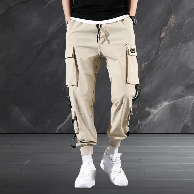 Men's Spring Autumn Cuffed Hem Casual Black Hip Hop Korean Loose Fit Harem INS Style Cargo Pants Long