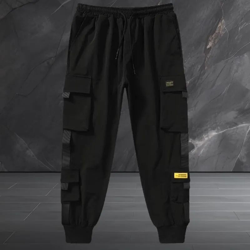 Men's Spring Autumn Cuffed Hem Casual Black Hip Hop Korean Loose Fit Harem INS Style Cargo Pants Long