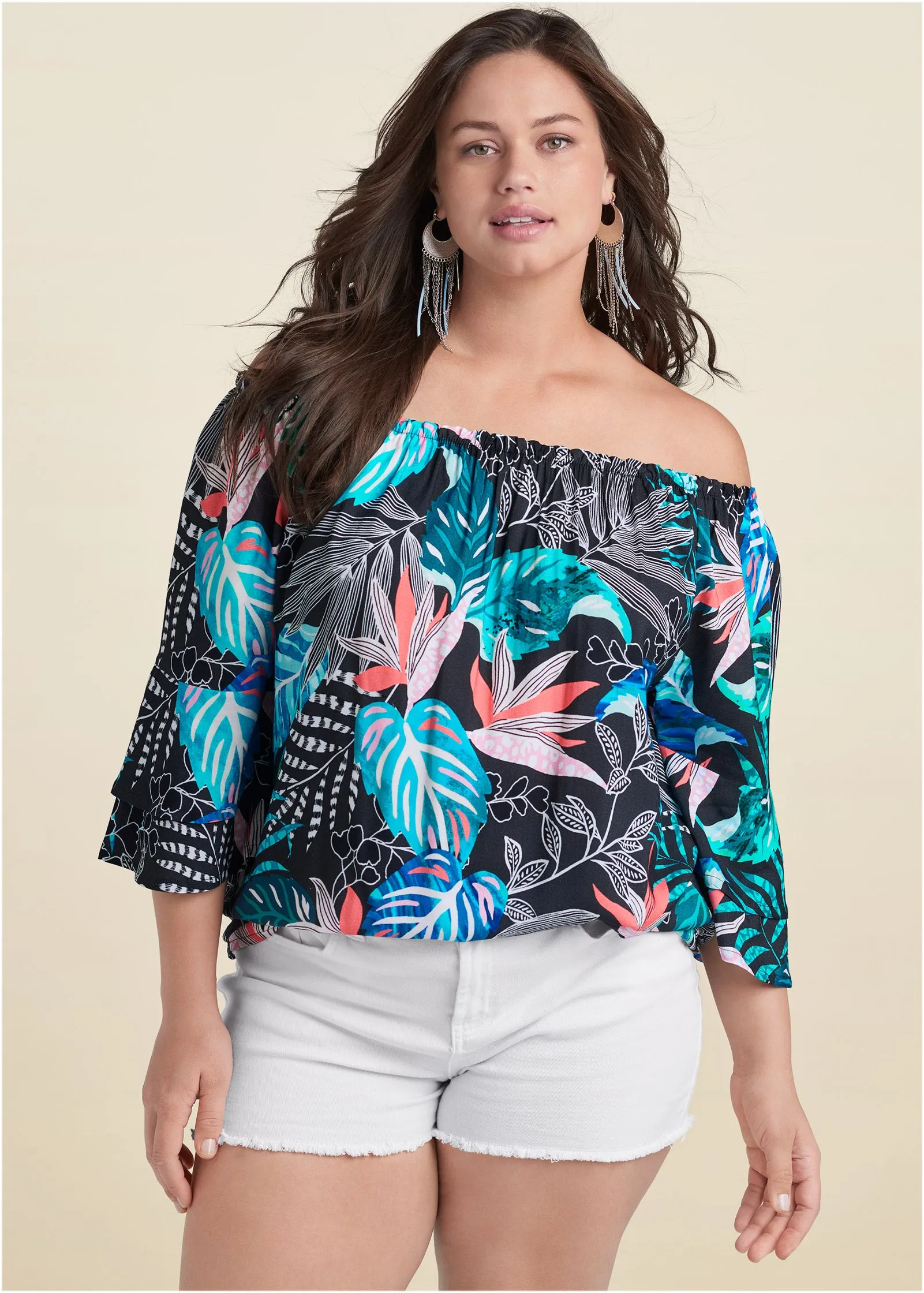 Off-Shoulder Printed Top - Blue Multi