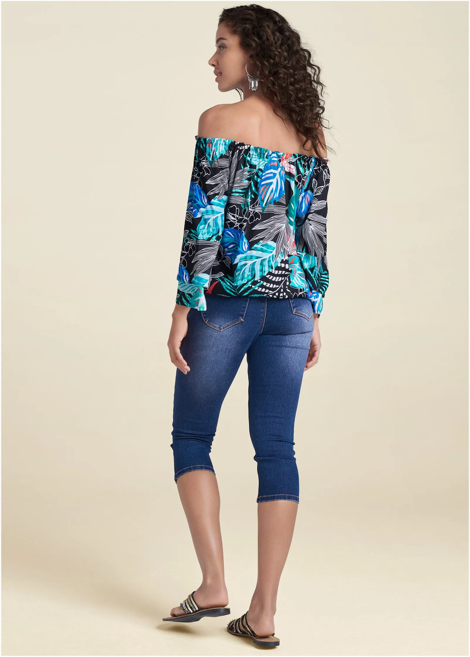 Off-Shoulder Printed Top - Blue Multi