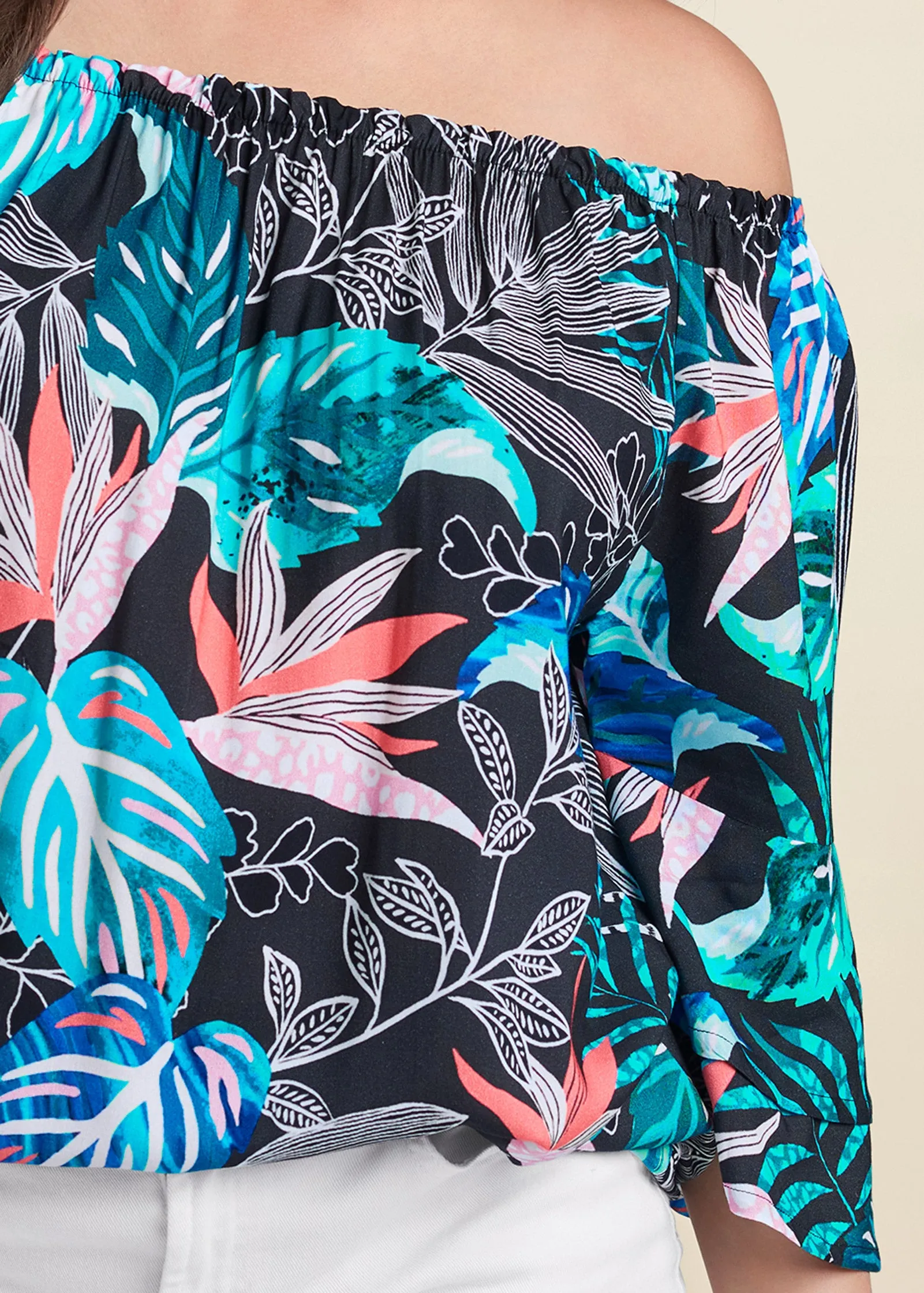 Off-Shoulder Printed Top - Blue Multi