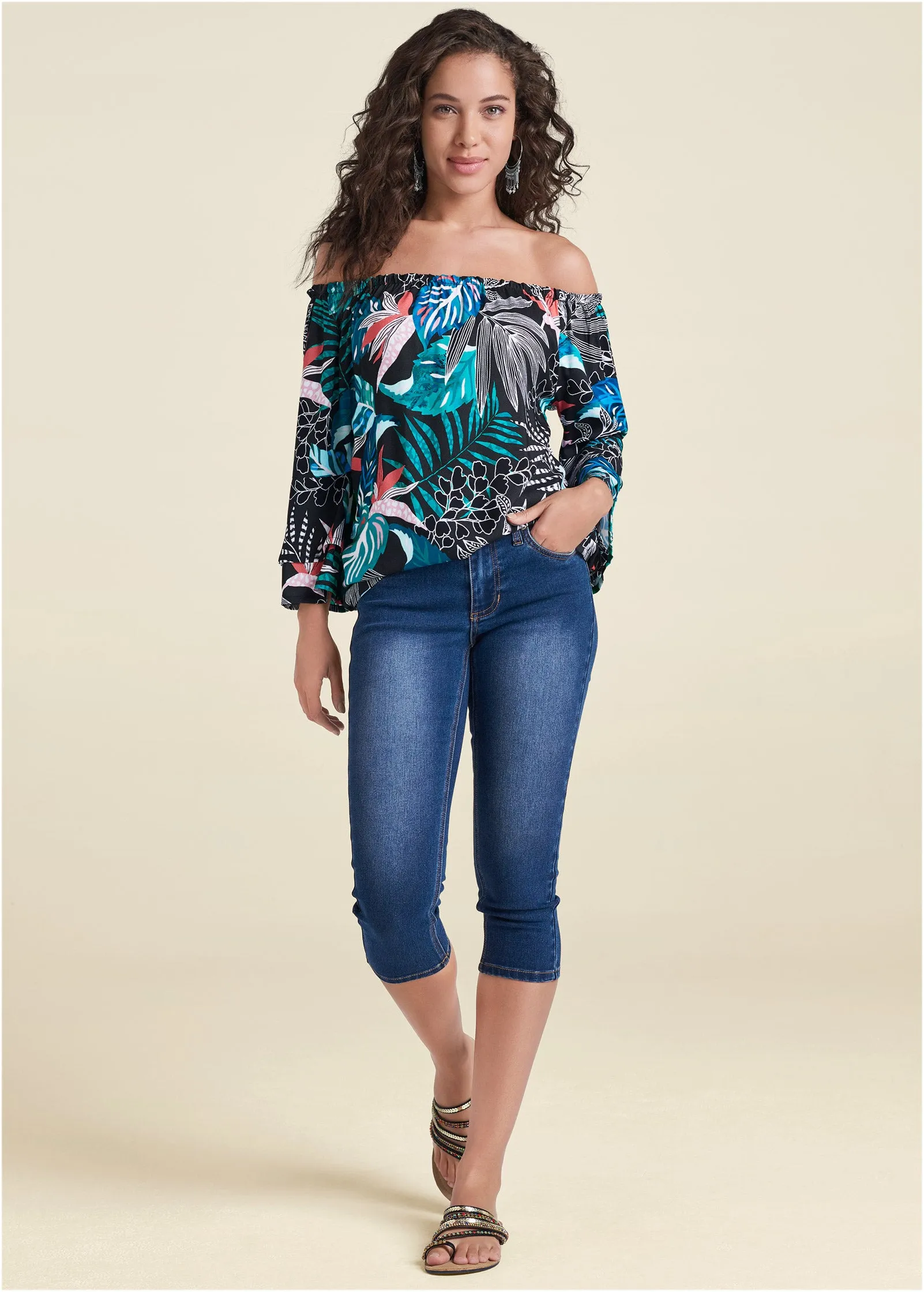 Off-Shoulder Printed Top - Blue Multi