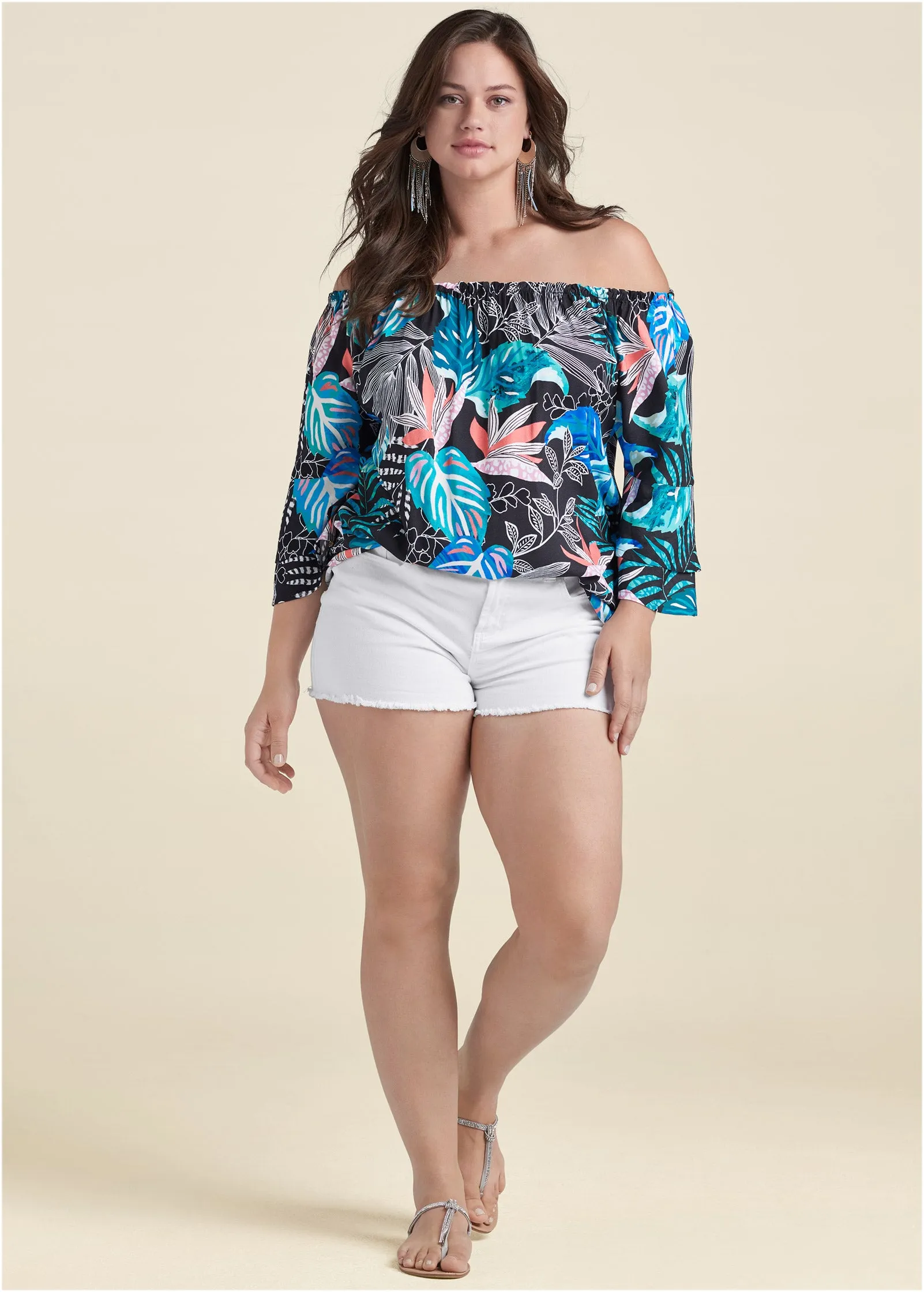 Off-Shoulder Printed Top - Blue Multi