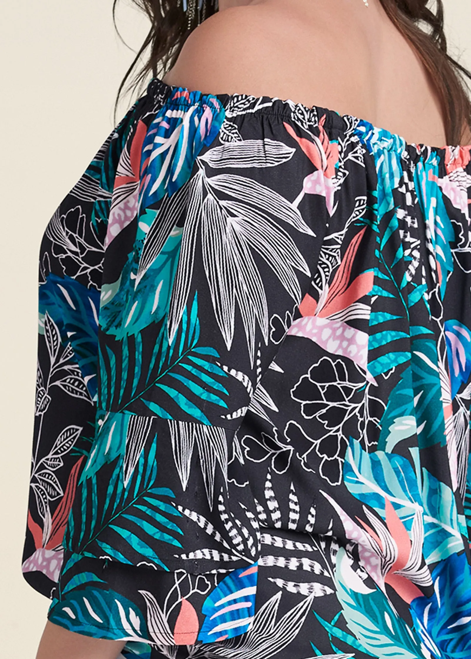 Off-Shoulder Printed Top - Blue Multi