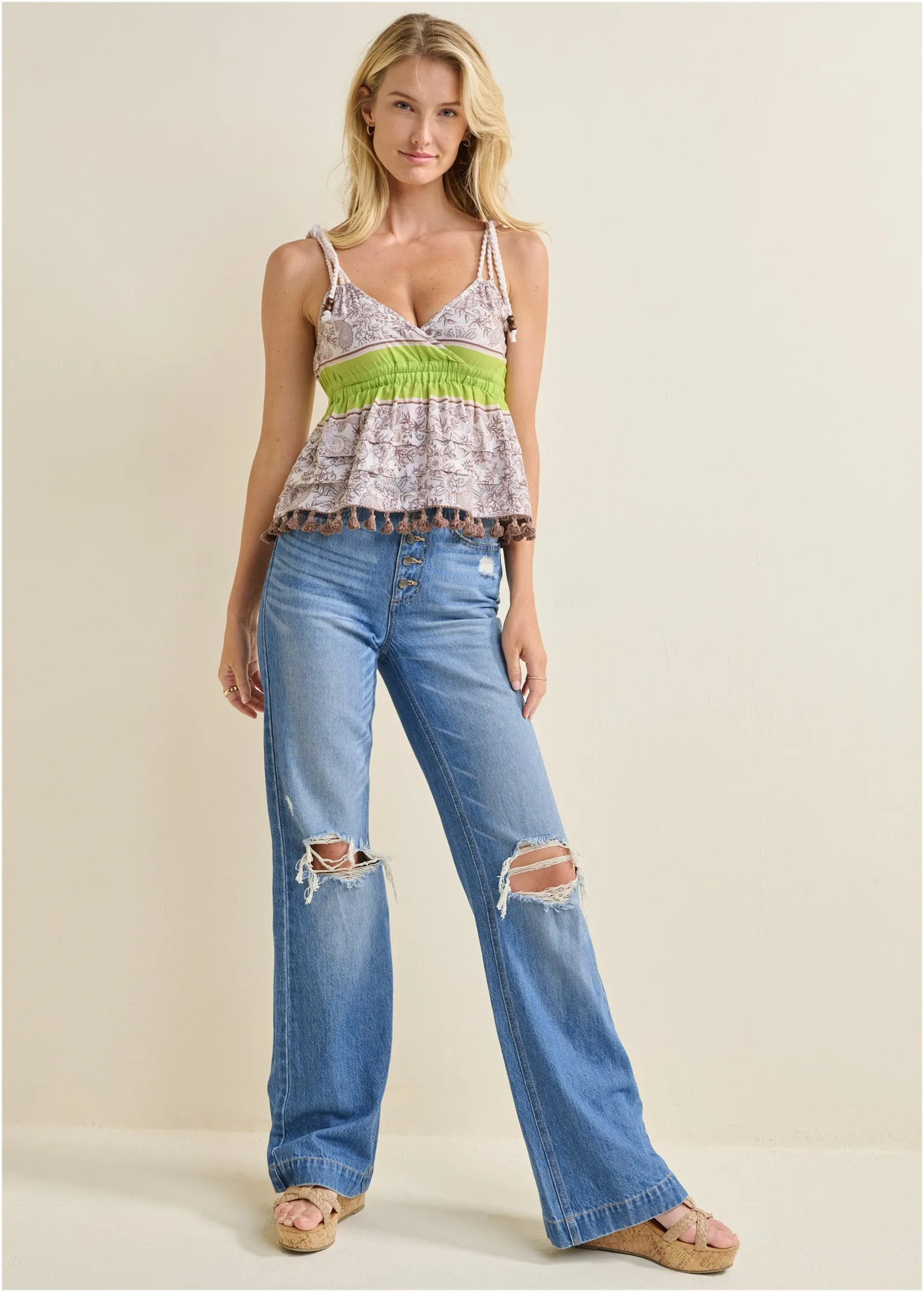 Paisley Print Braided Top - Brown & Green