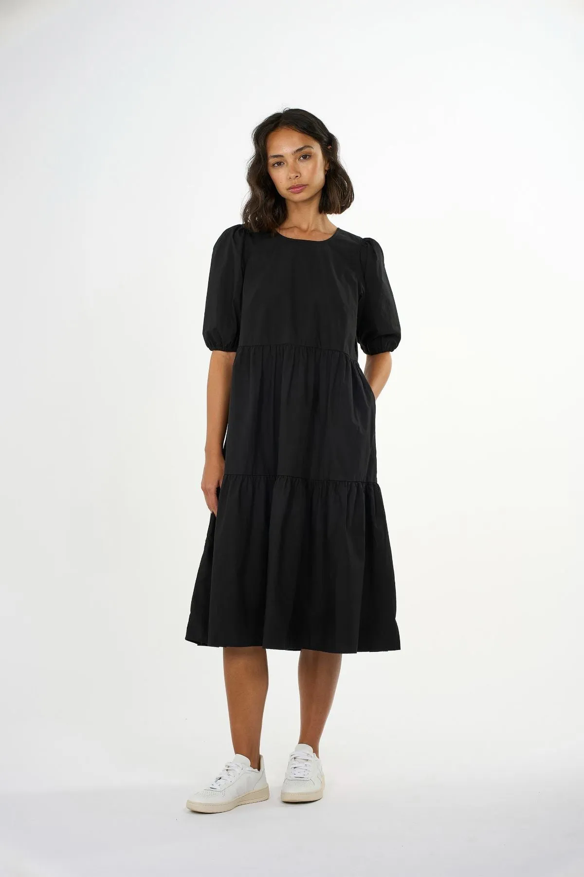 Puff Sleeves Poplin Black Dress Knowledge Cotton Apparel