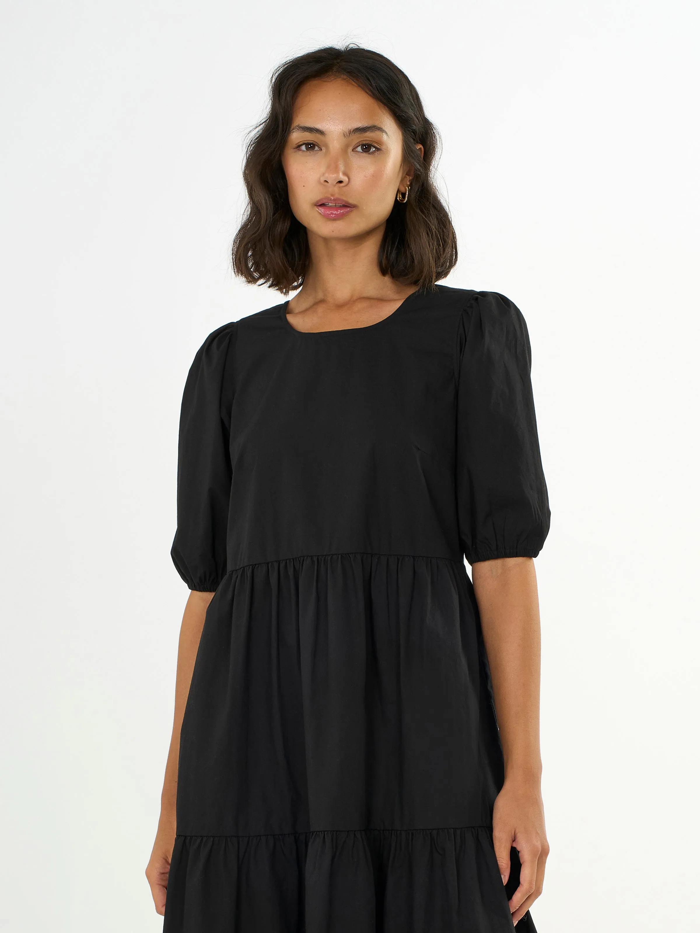 Puff Sleeves Poplin Black Dress Knowledge Cotton Apparel