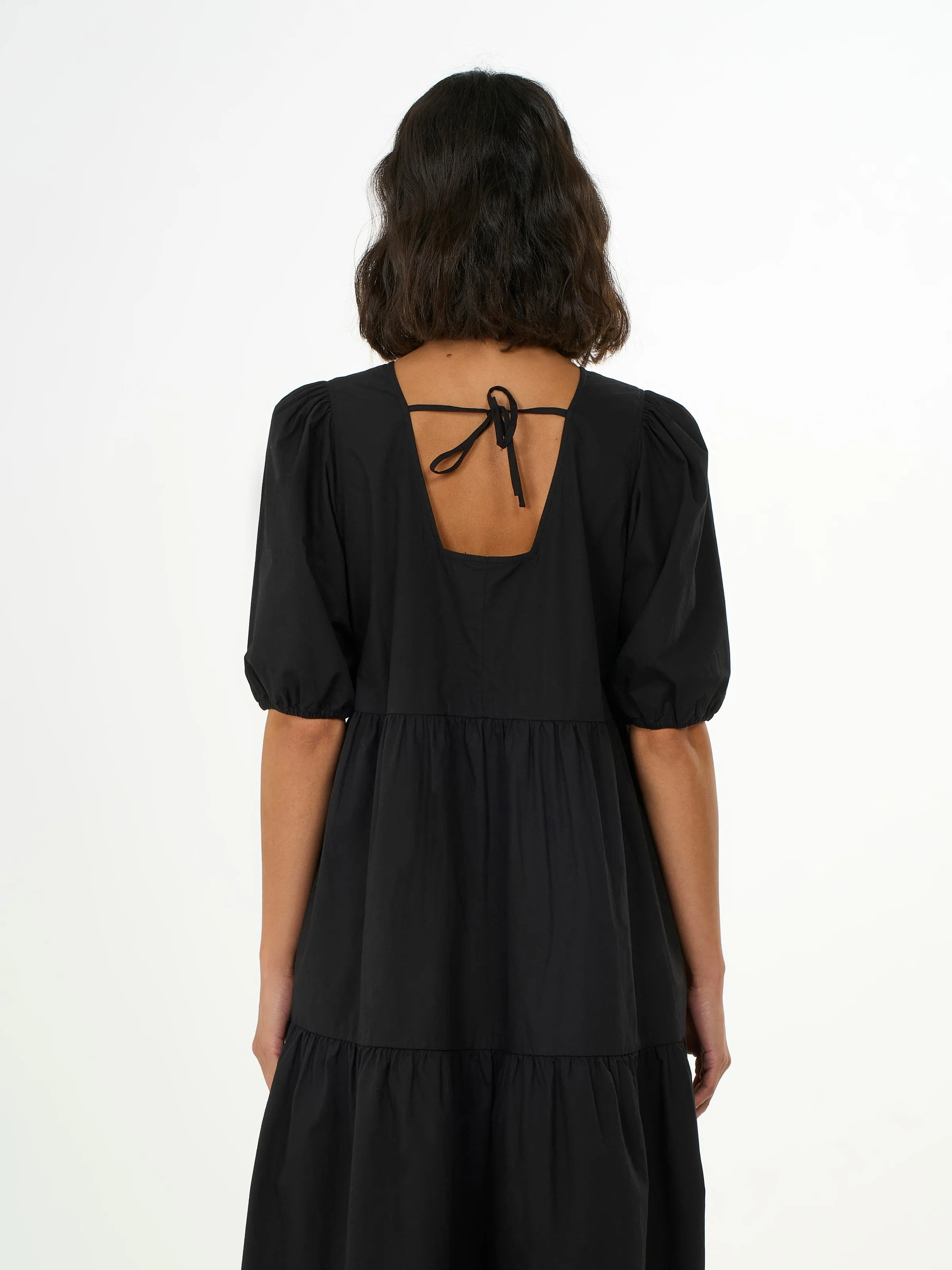 Puff Sleeves Poplin Black Dress Knowledge Cotton Apparel