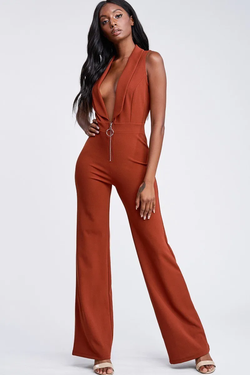 Rust Deep Plunge Sleeveless Jumpsuit