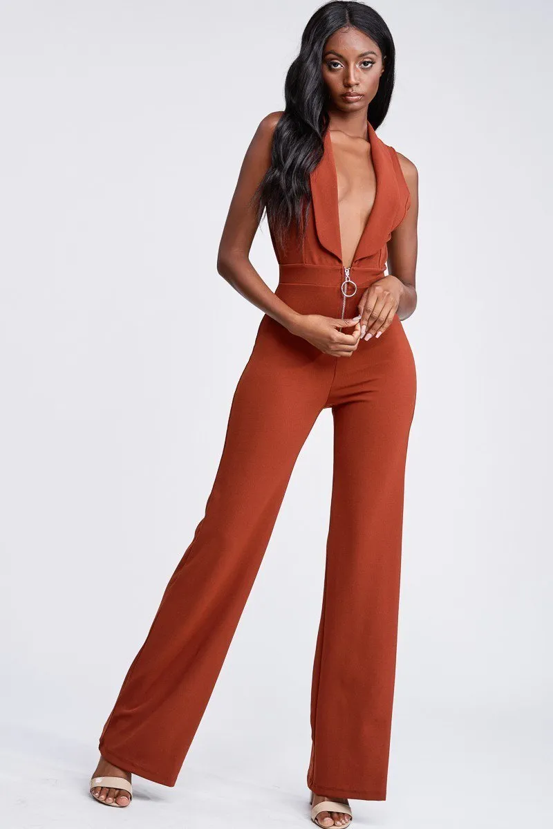 Rust Deep Plunge Sleeveless Jumpsuit