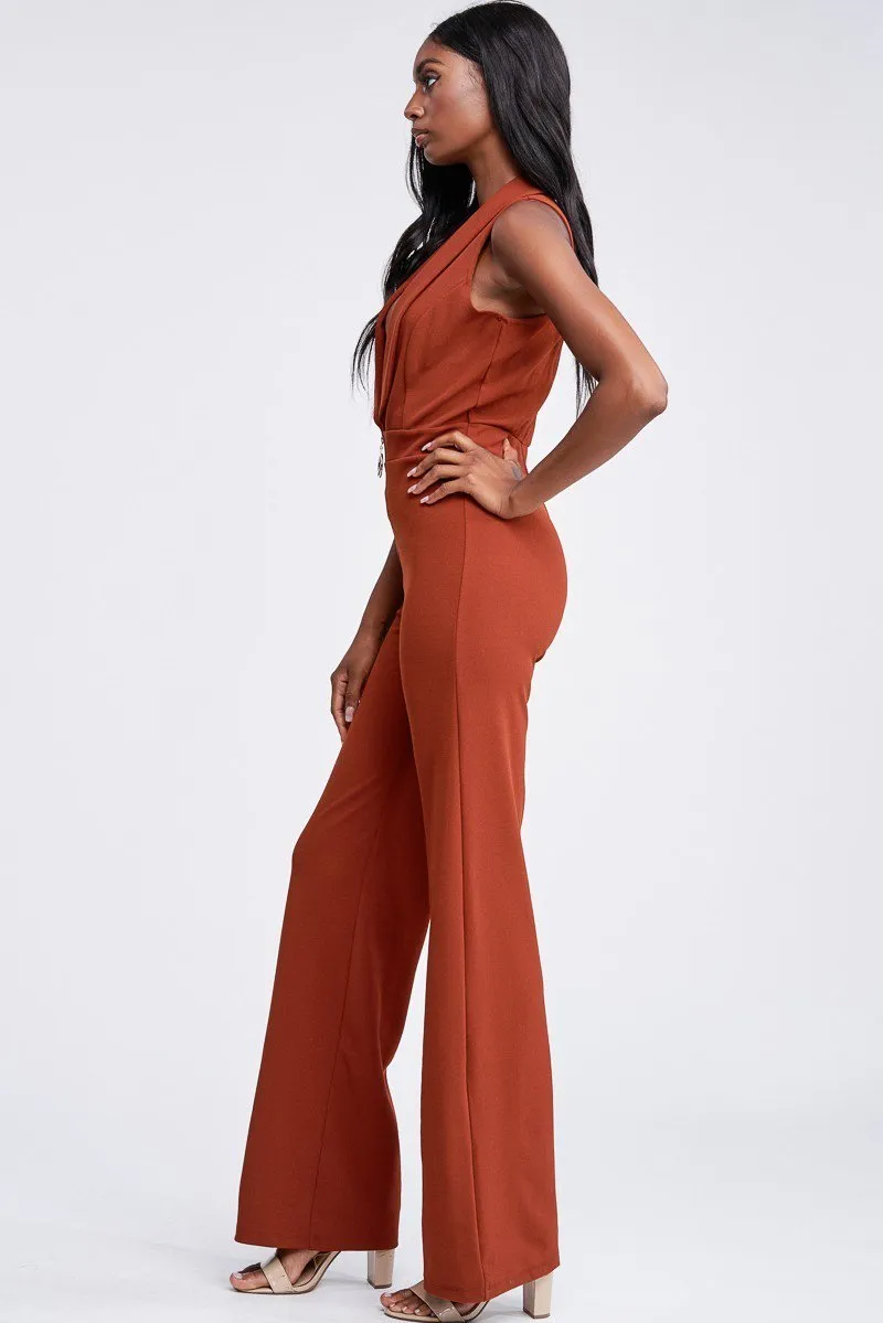 Rust Deep Plunge Sleeveless Jumpsuit
