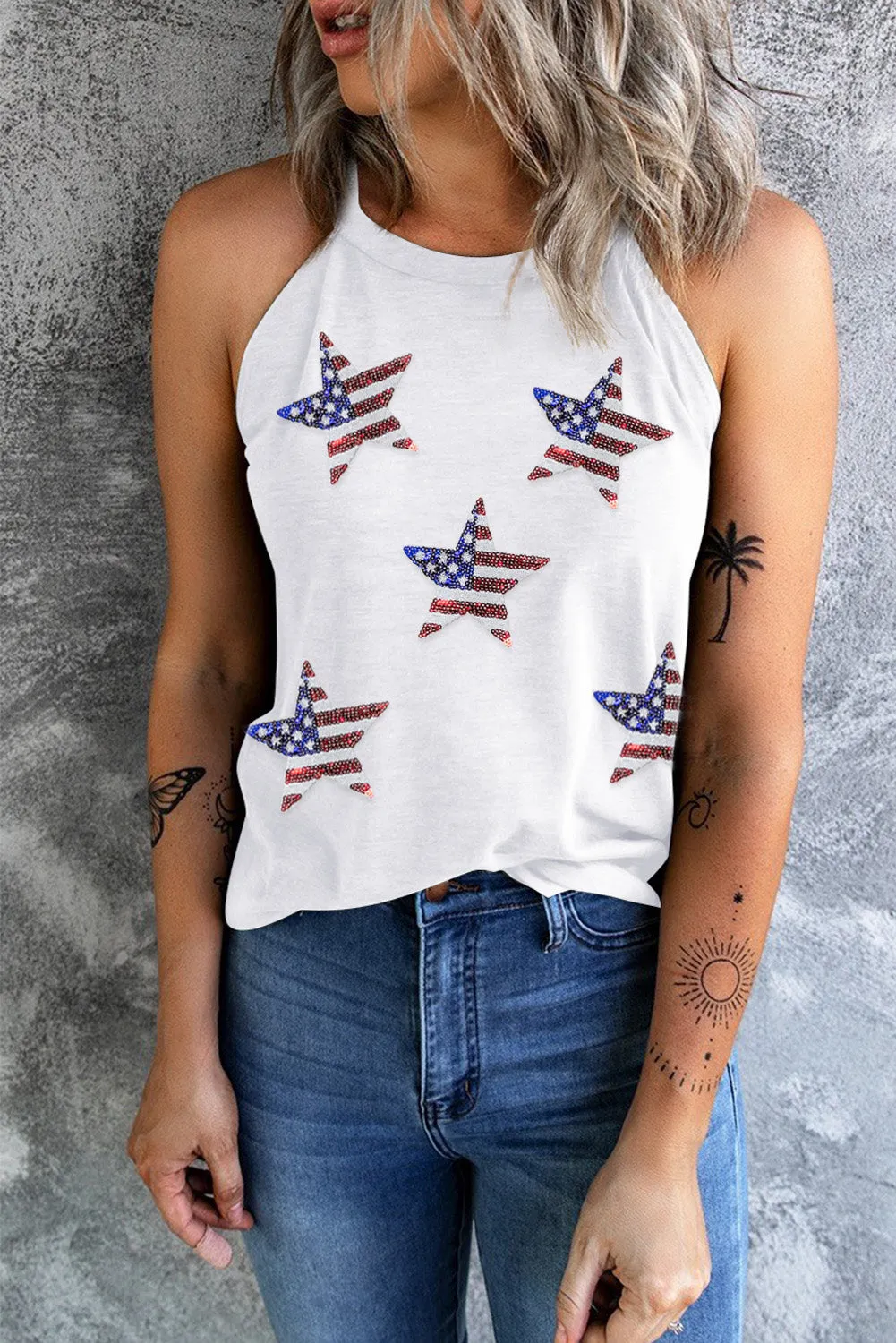 Sequin American Flag Star Graphic Tank Top