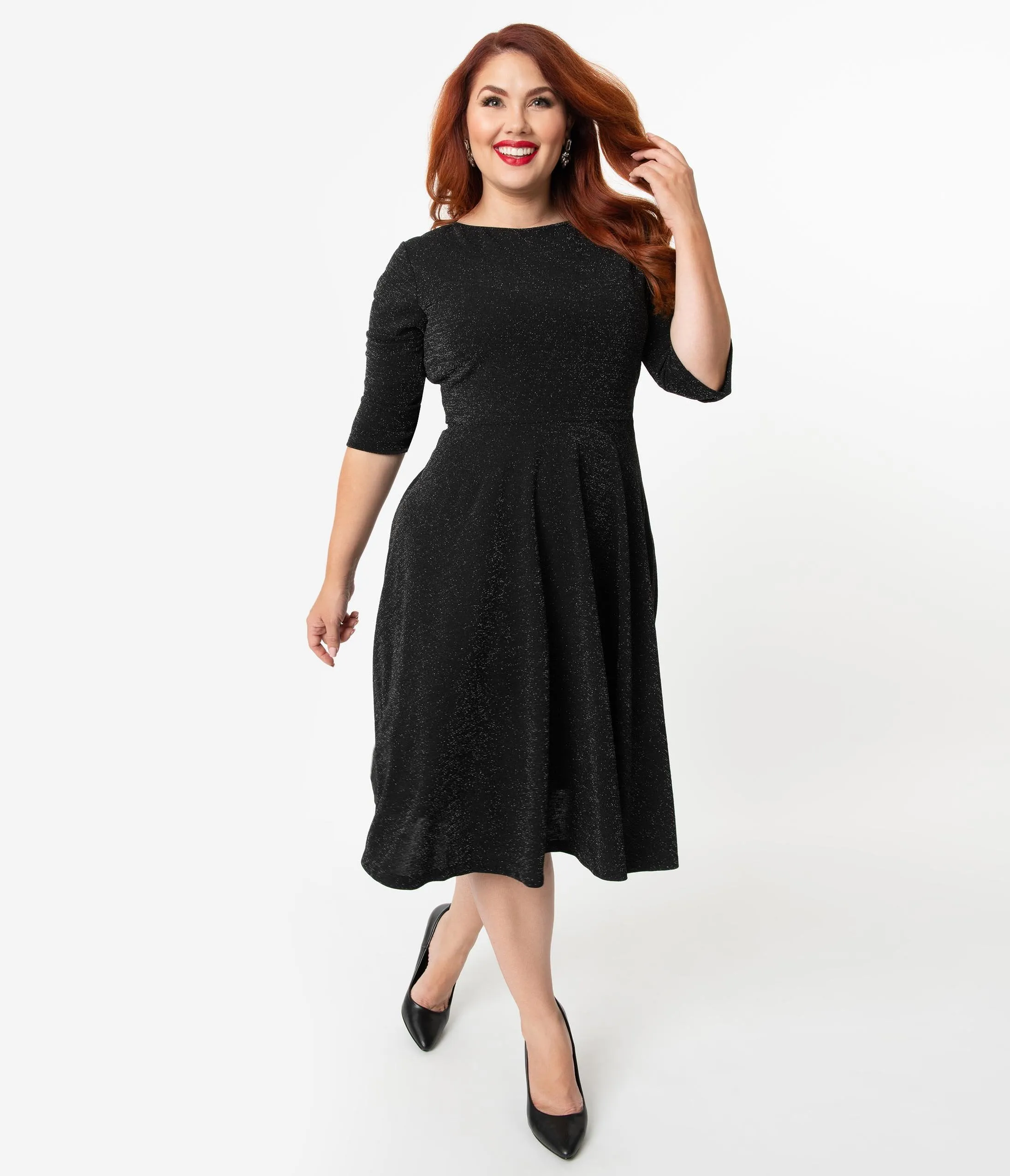 Unique Vintage Plus Size 1950s Style Black Sparkle Nicole Swing Dress