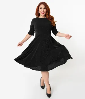 Unique Vintage Plus Size 1950s Style Black Sparkle Nicole Swing Dress