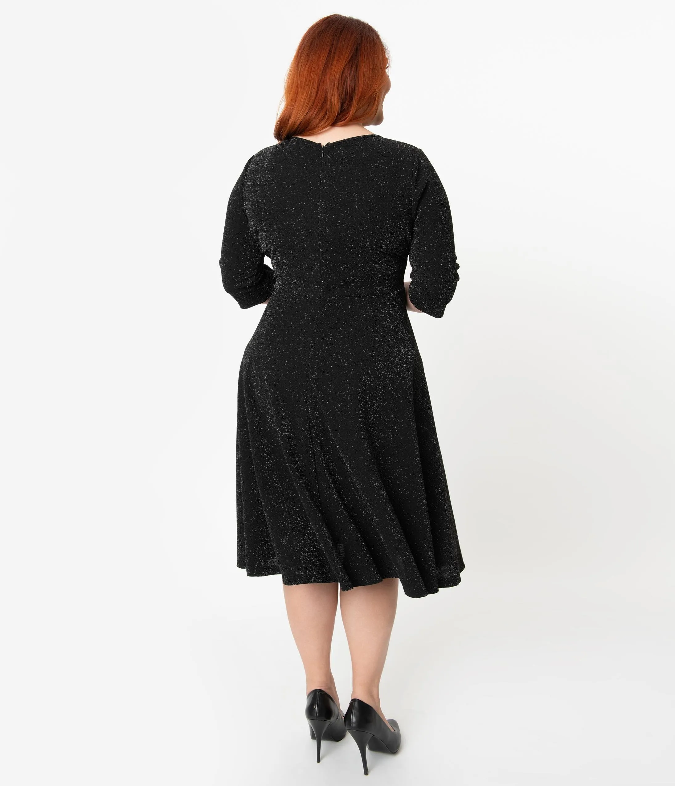 Unique Vintage Plus Size 1950s Style Black Sparkle Nicole Swing Dress