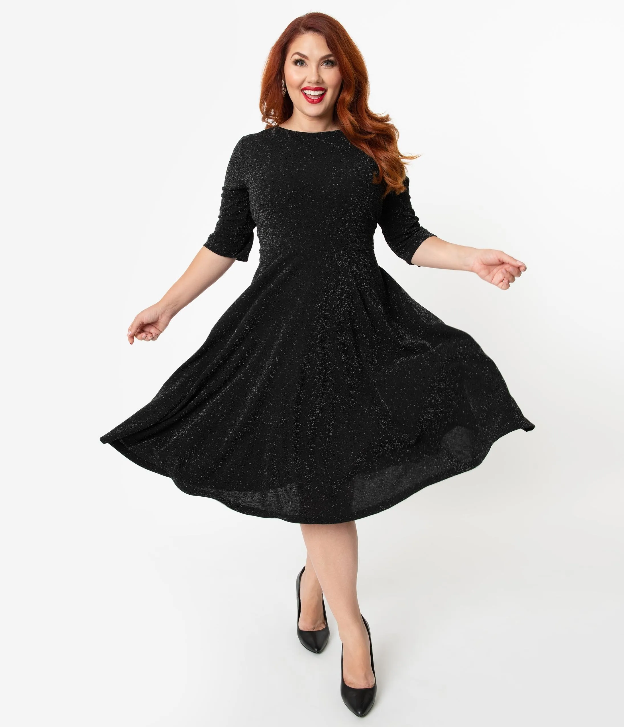 Unique Vintage Plus Size 1950s Style Black Sparkle Nicole Swing Dress