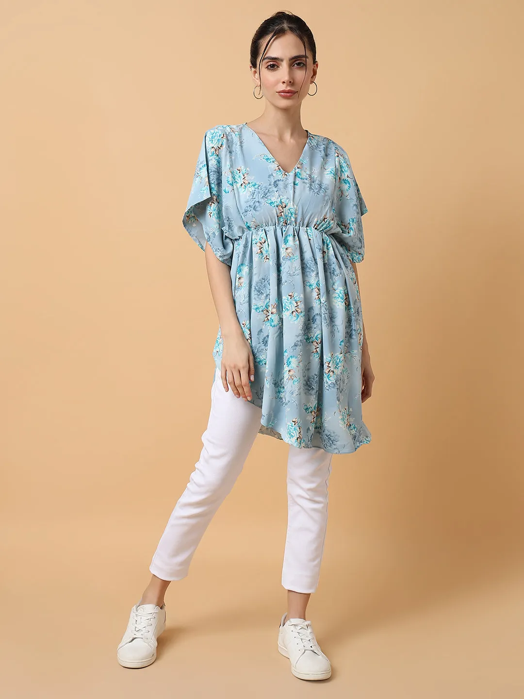 Women Blue Floral Chiffon Fit and Flare Top