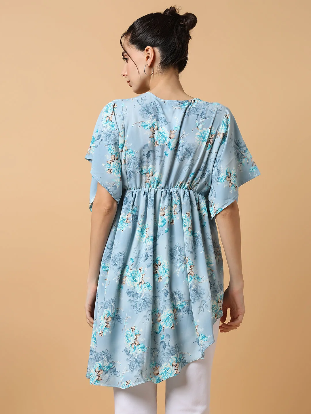 Women Blue Floral Chiffon Fit and Flare Top