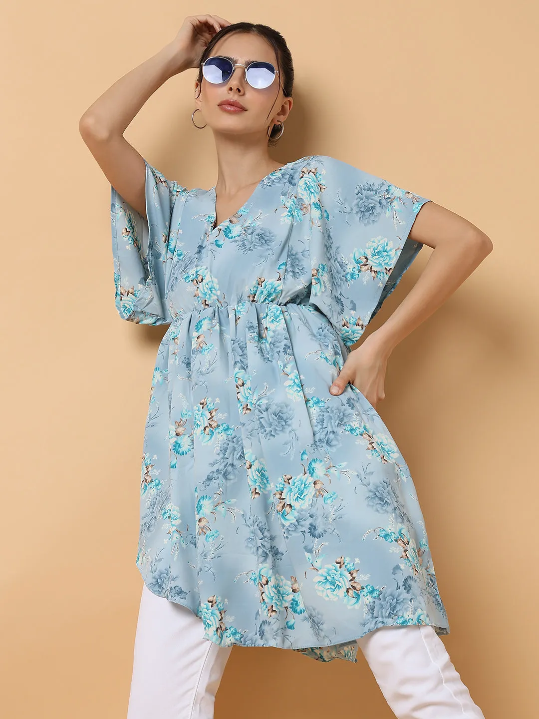 Women Blue Floral Chiffon Fit and Flare Top