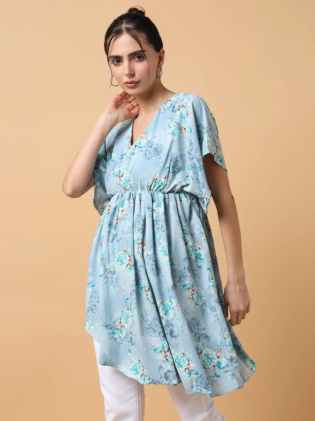Women Blue Floral Chiffon Fit and Flare Top