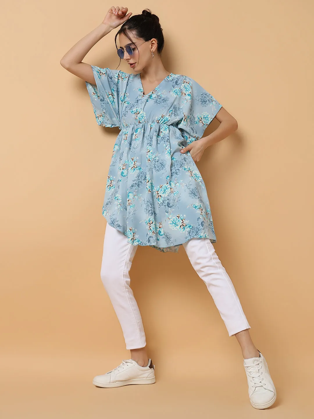 Women Blue Floral Chiffon Fit and Flare Top