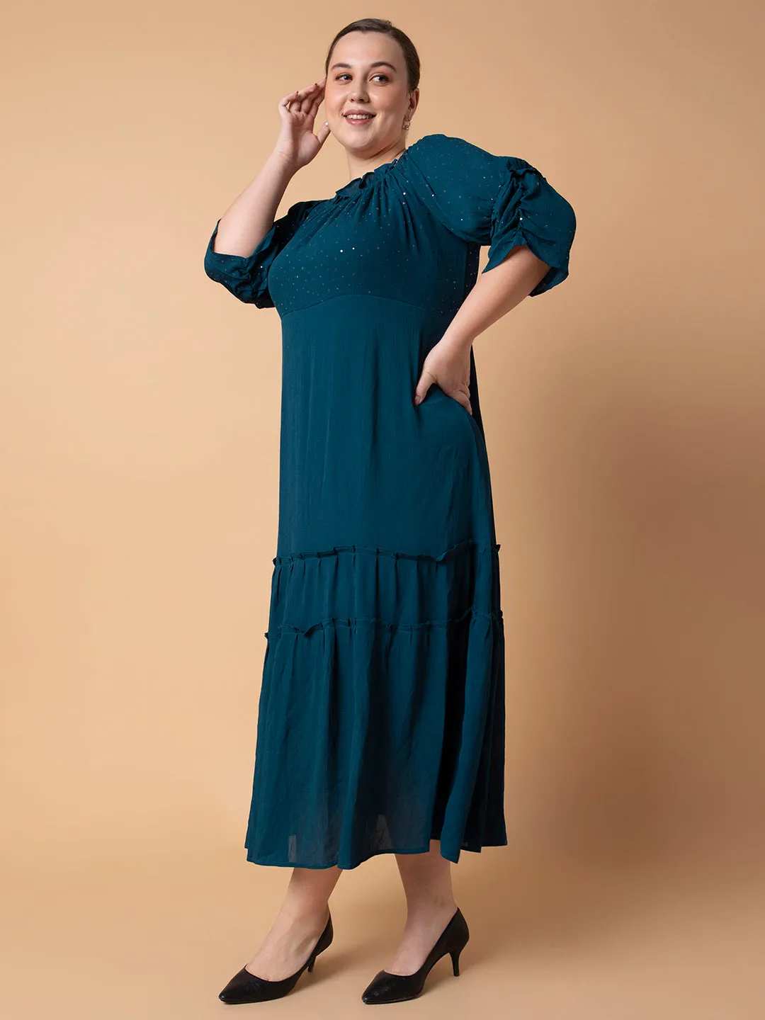 Women Casual Solid Teal Fit and Flare Midi Dress