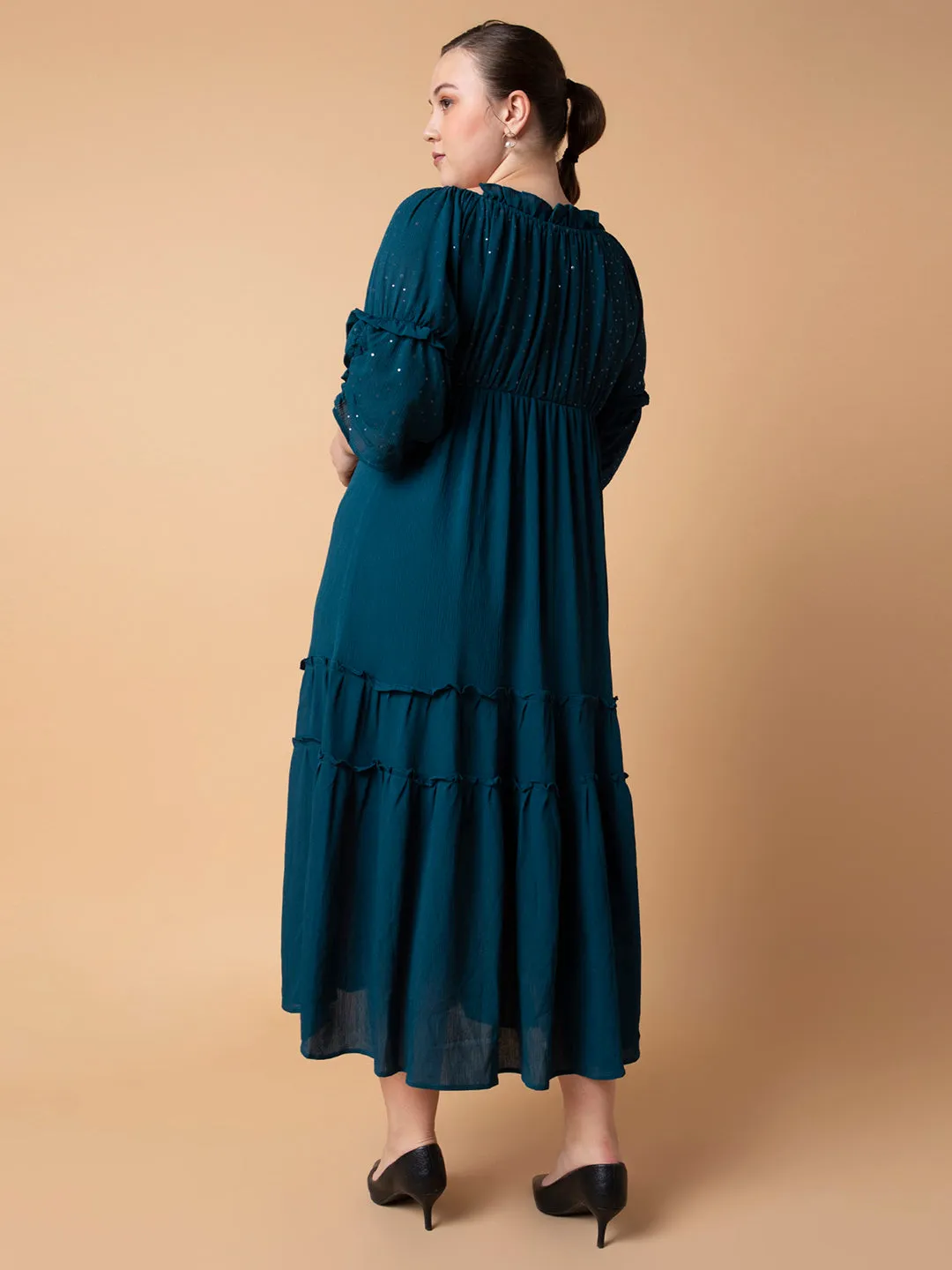 Women Casual Solid Teal Fit and Flare Midi Dress