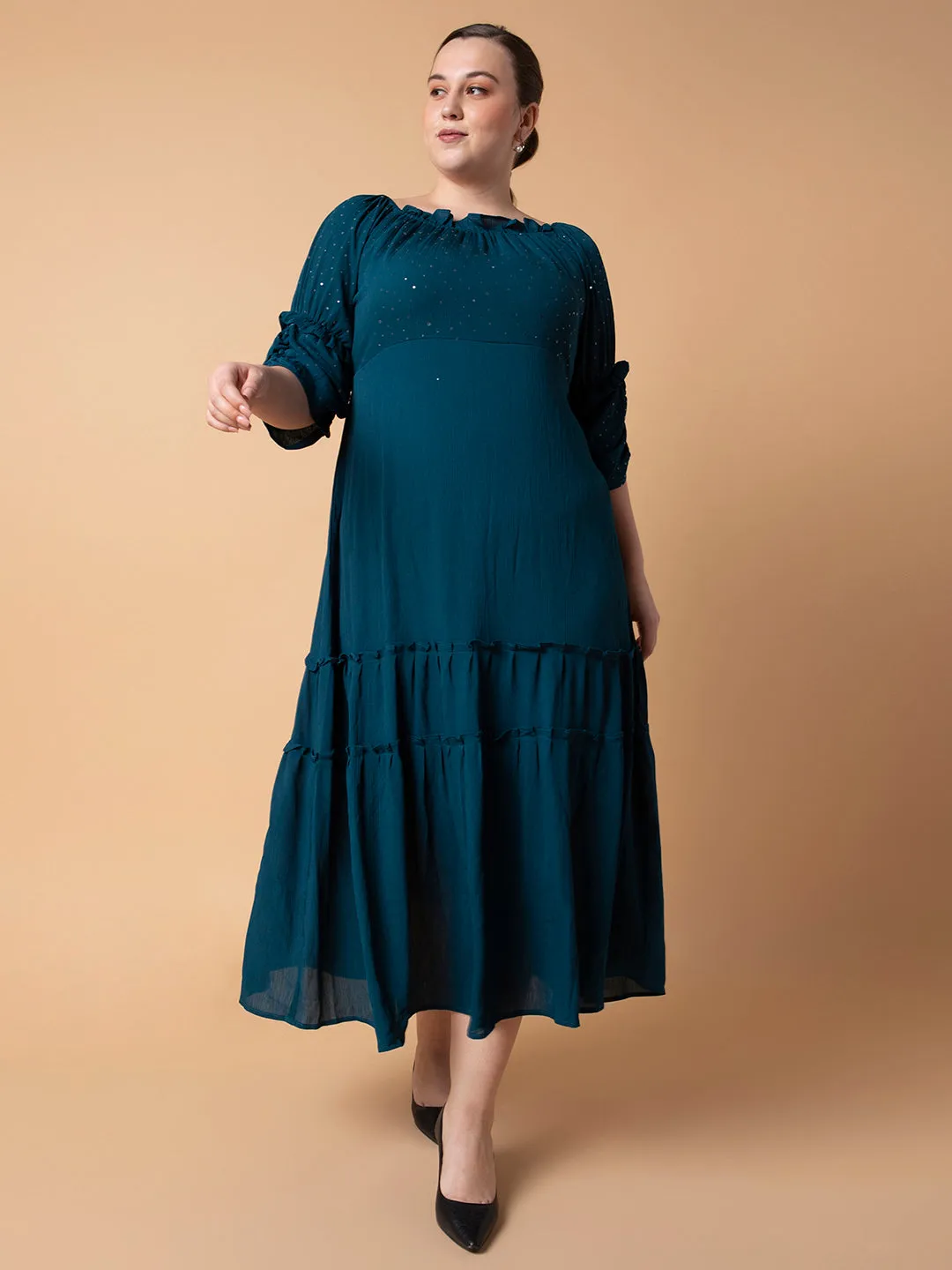 Women Casual Solid Teal Fit and Flare Midi Dress