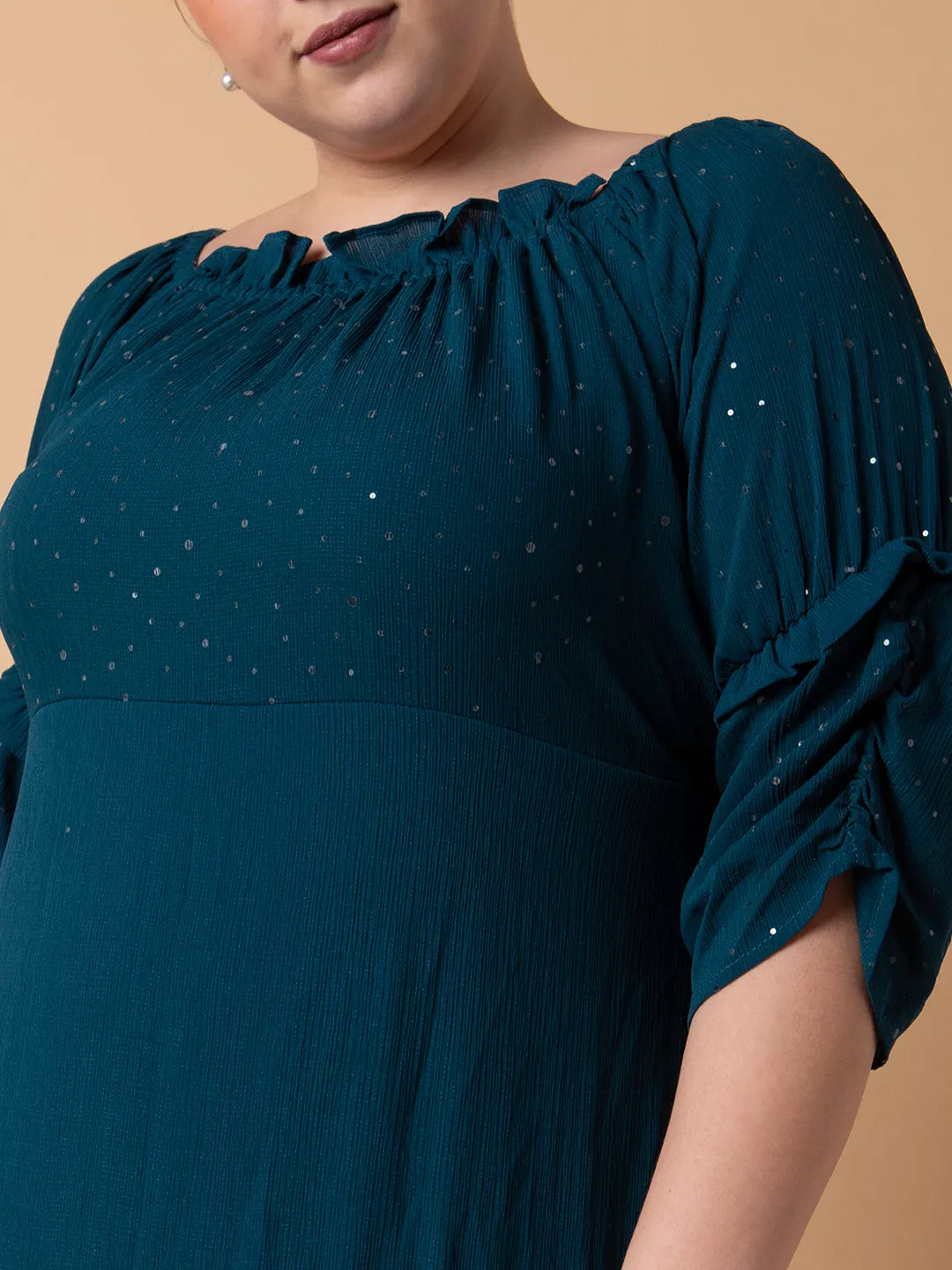 Women Casual Solid Teal Fit and Flare Midi Dress