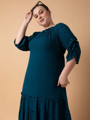Women Casual Solid Teal Fit and Flare Midi Dress