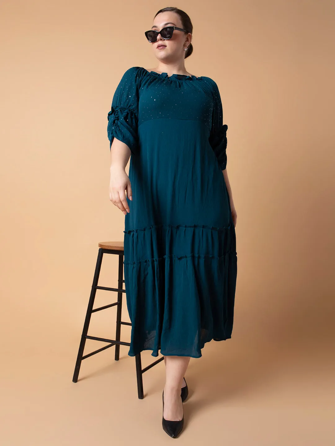 Women Casual Solid Teal Fit and Flare Midi Dress