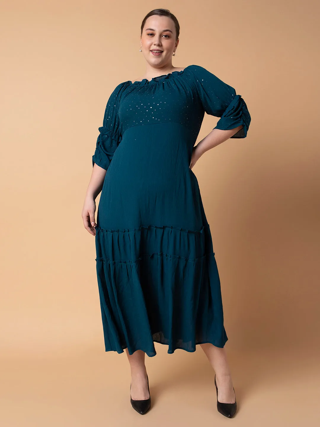 Women Casual Solid Teal Fit and Flare Midi Dress