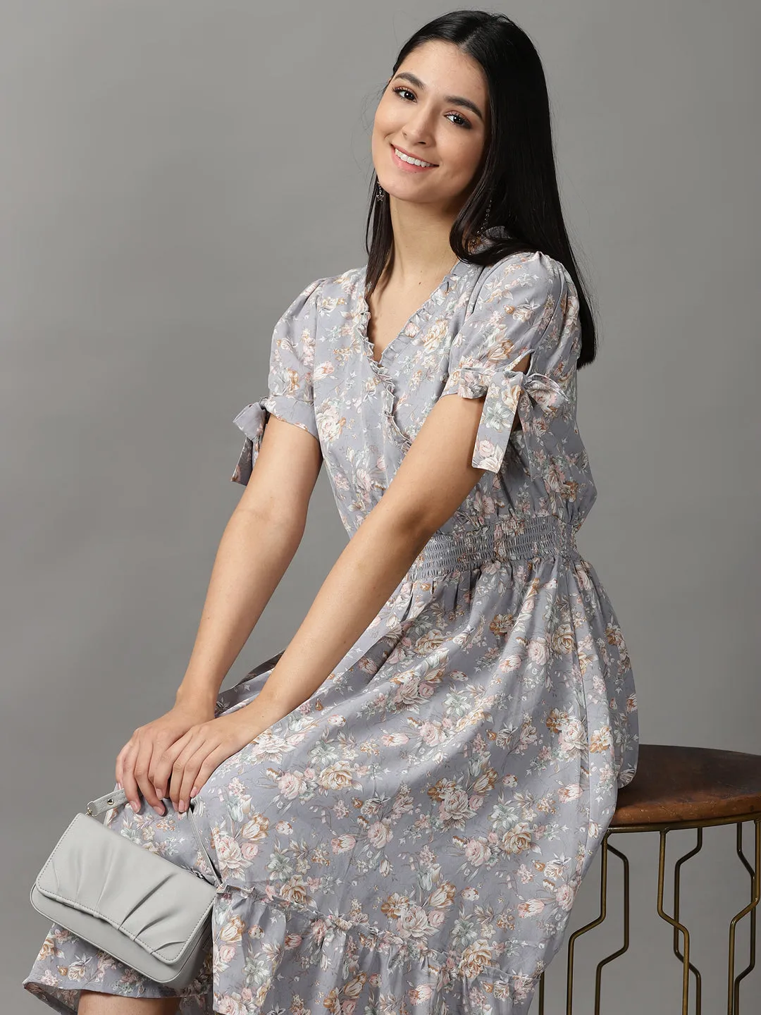 Women Grey Floral Smocked Fit and Flare Midi Dress