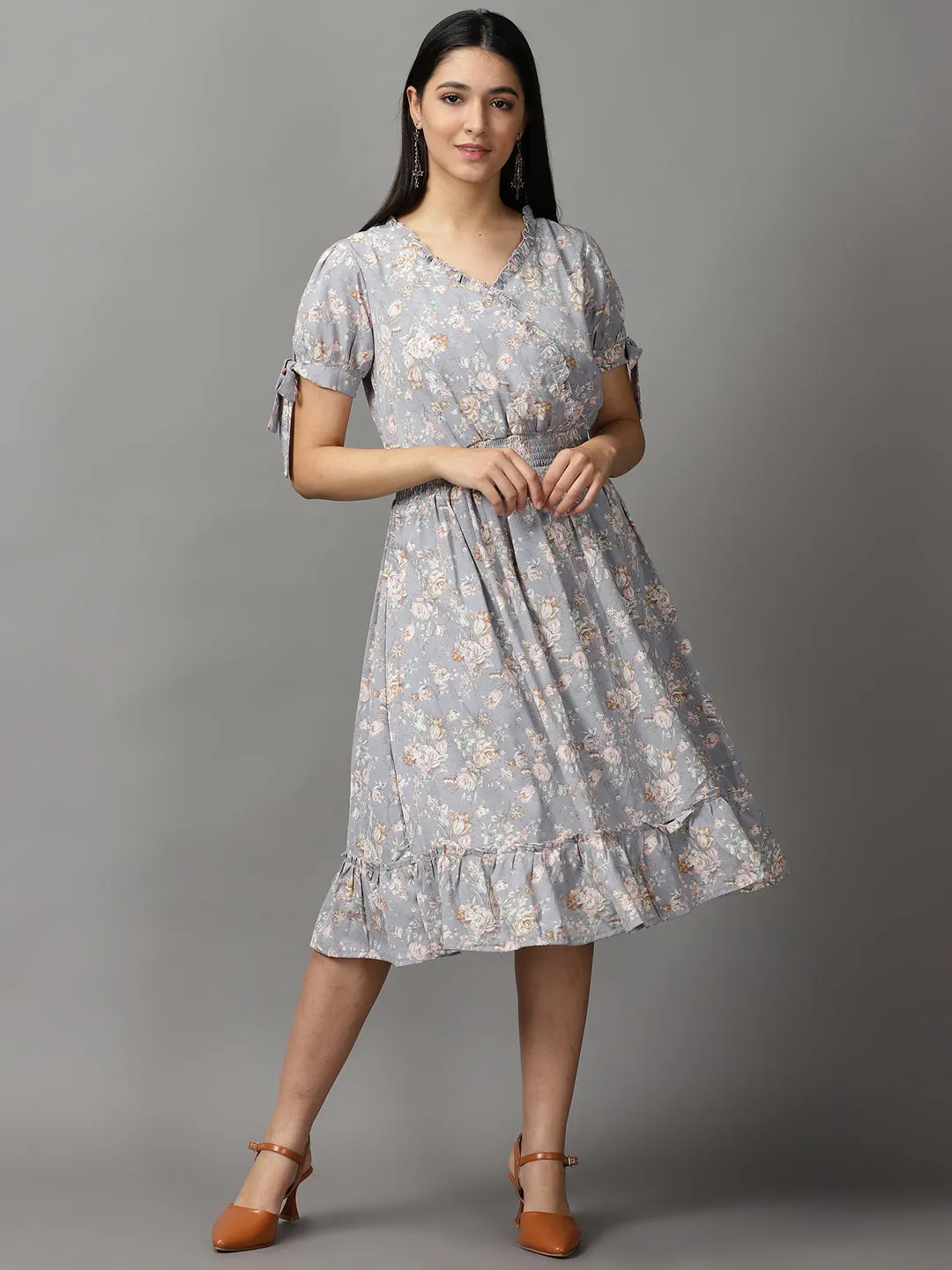 Women Grey Floral Smocked Fit and Flare Midi Dress