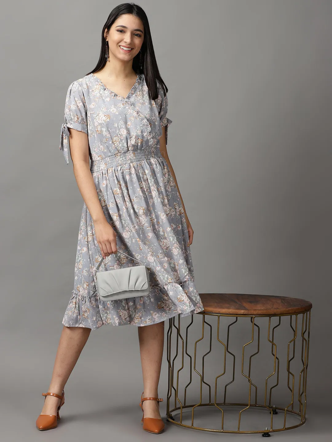Women Grey Floral Smocked Fit and Flare Midi Dress