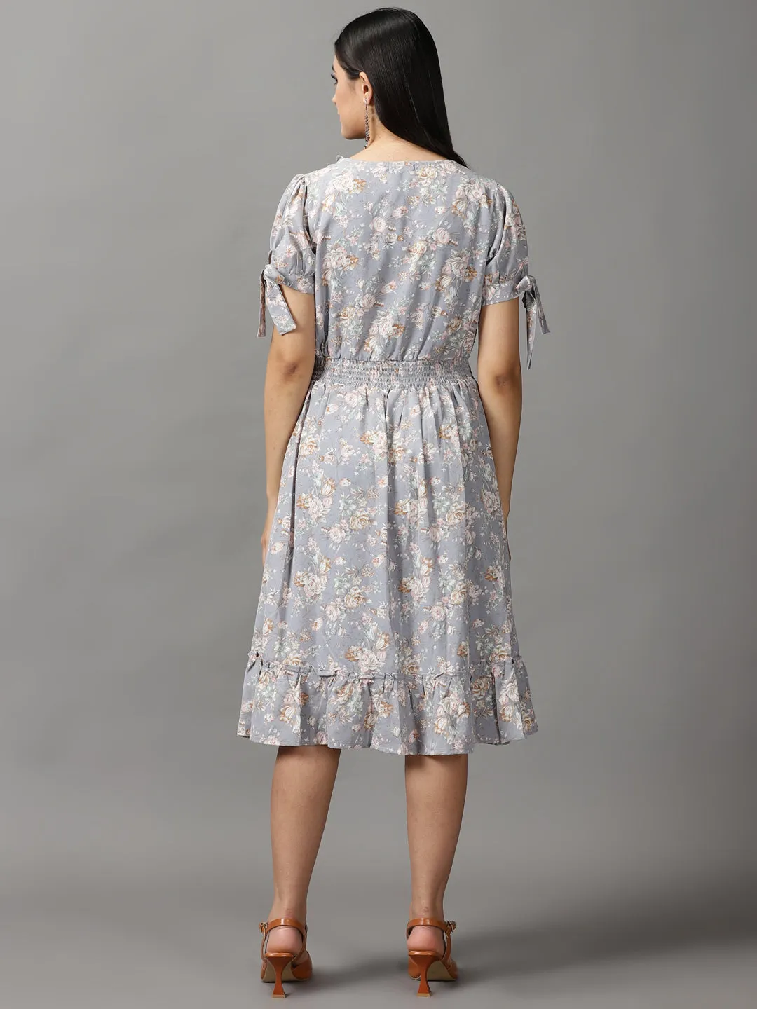 Women Grey Floral Smocked Fit and Flare Midi Dress