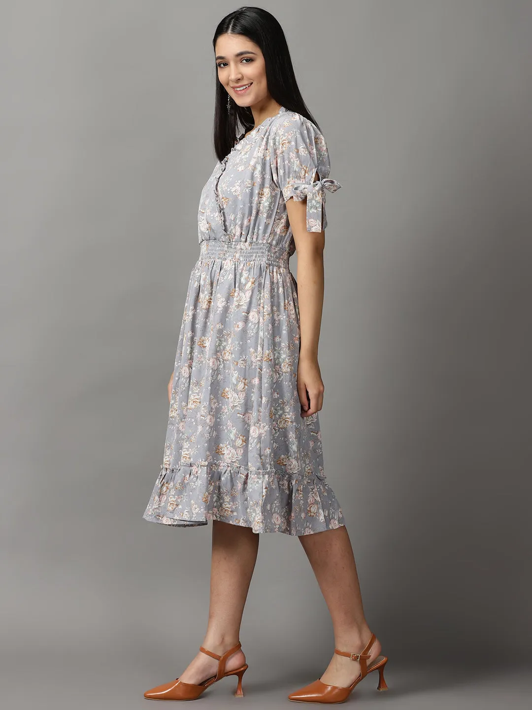 Women Grey Floral Smocked Fit and Flare Midi Dress