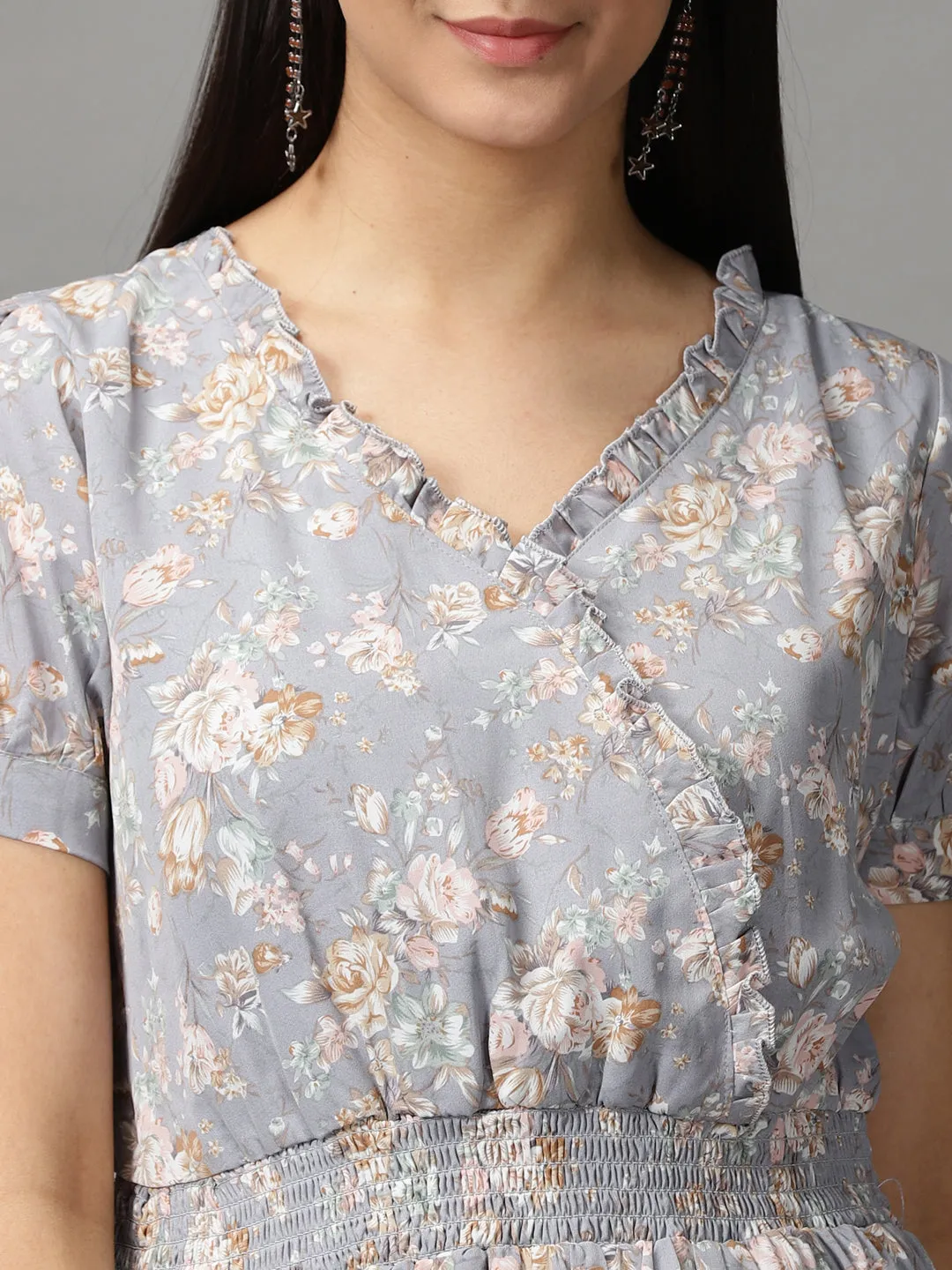 Women Grey Floral Smocked Fit and Flare Midi Dress