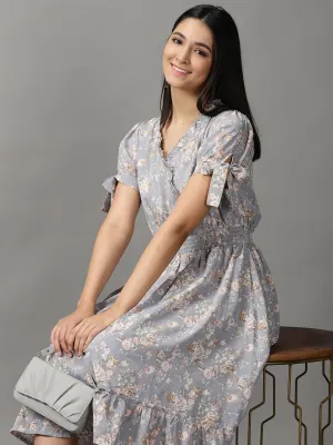 Women Grey Floral Smocked Fit and Flare Midi Dress