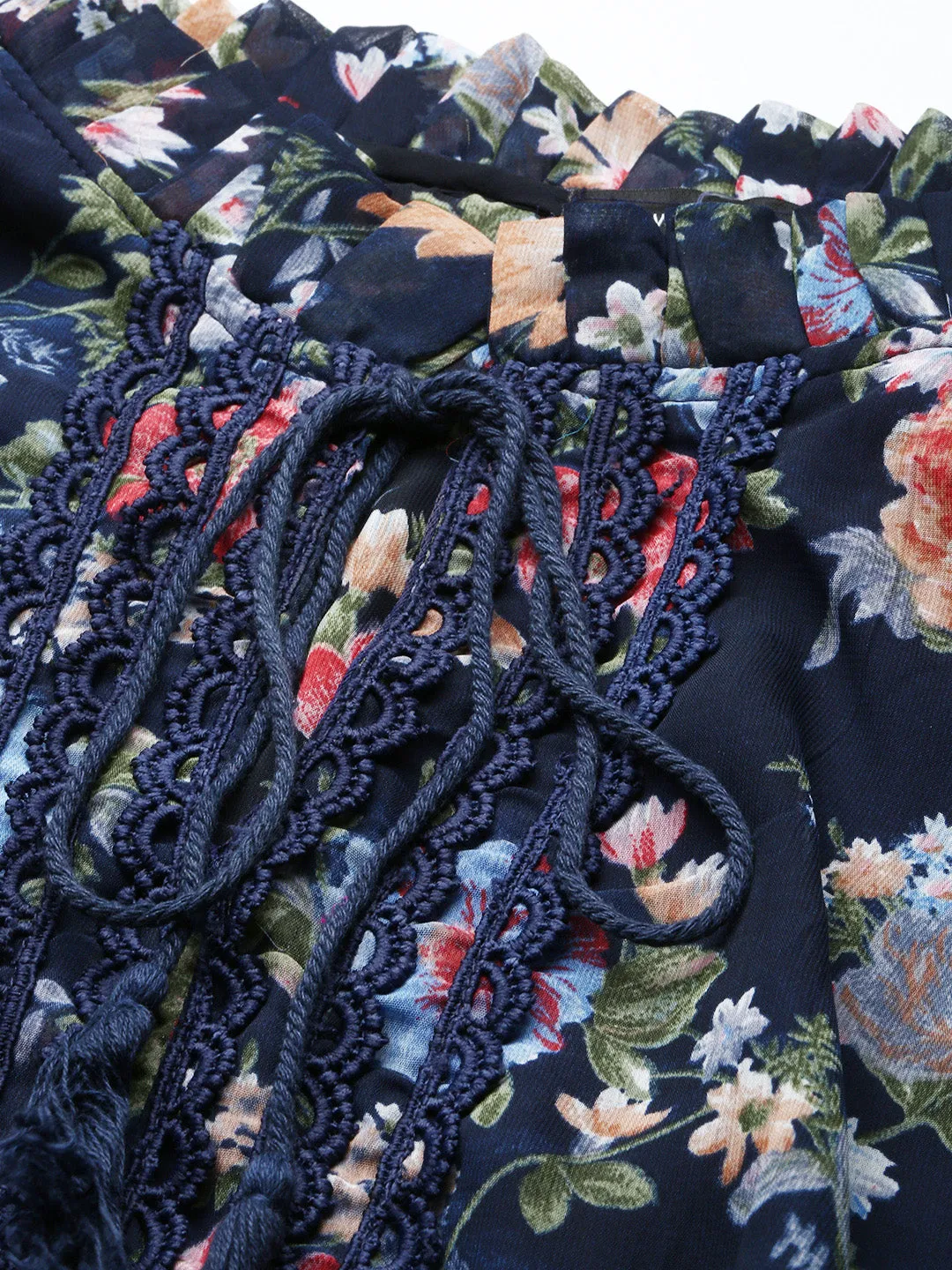 Women Keyhole Neck Puff Navy Blue Floral Fit and Flare Dress