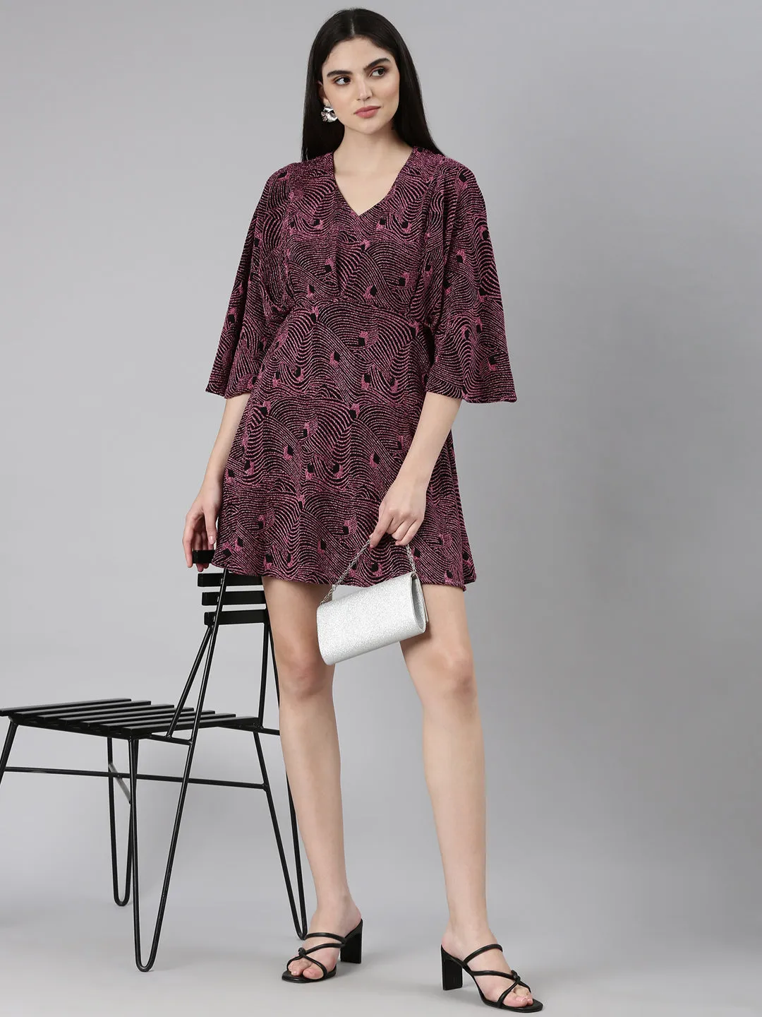 Women Pink Self Design Flared Sleeve Fit and Flare Dress
