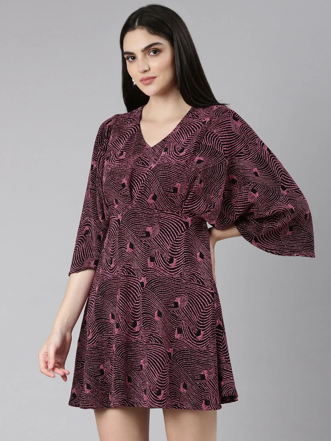 Women Pink Self Design Flared Sleeve Fit and Flare Dress