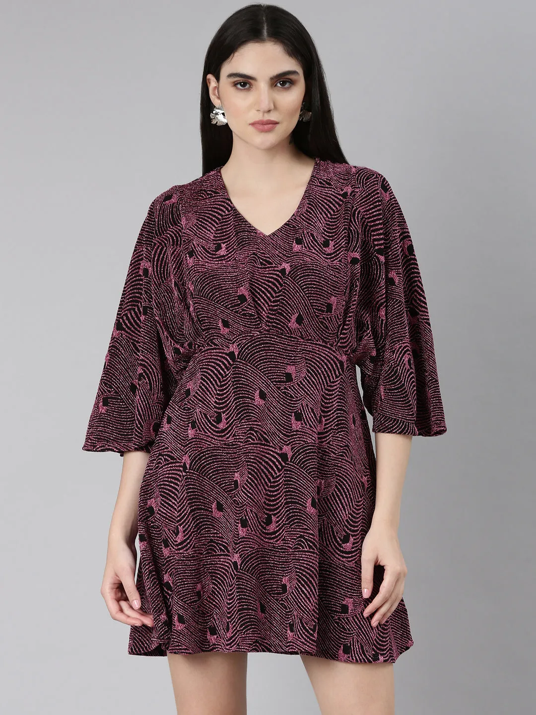 Women Pink Self Design Flared Sleeve Fit and Flare Dress