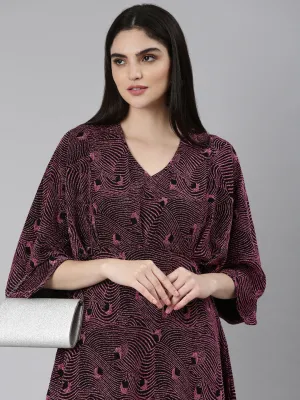 Women Pink Self Design Flared Sleeve Fit and Flare Dress