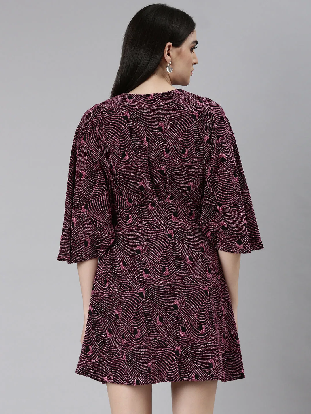 Women Pink Self Design Flared Sleeve Fit and Flare Dress