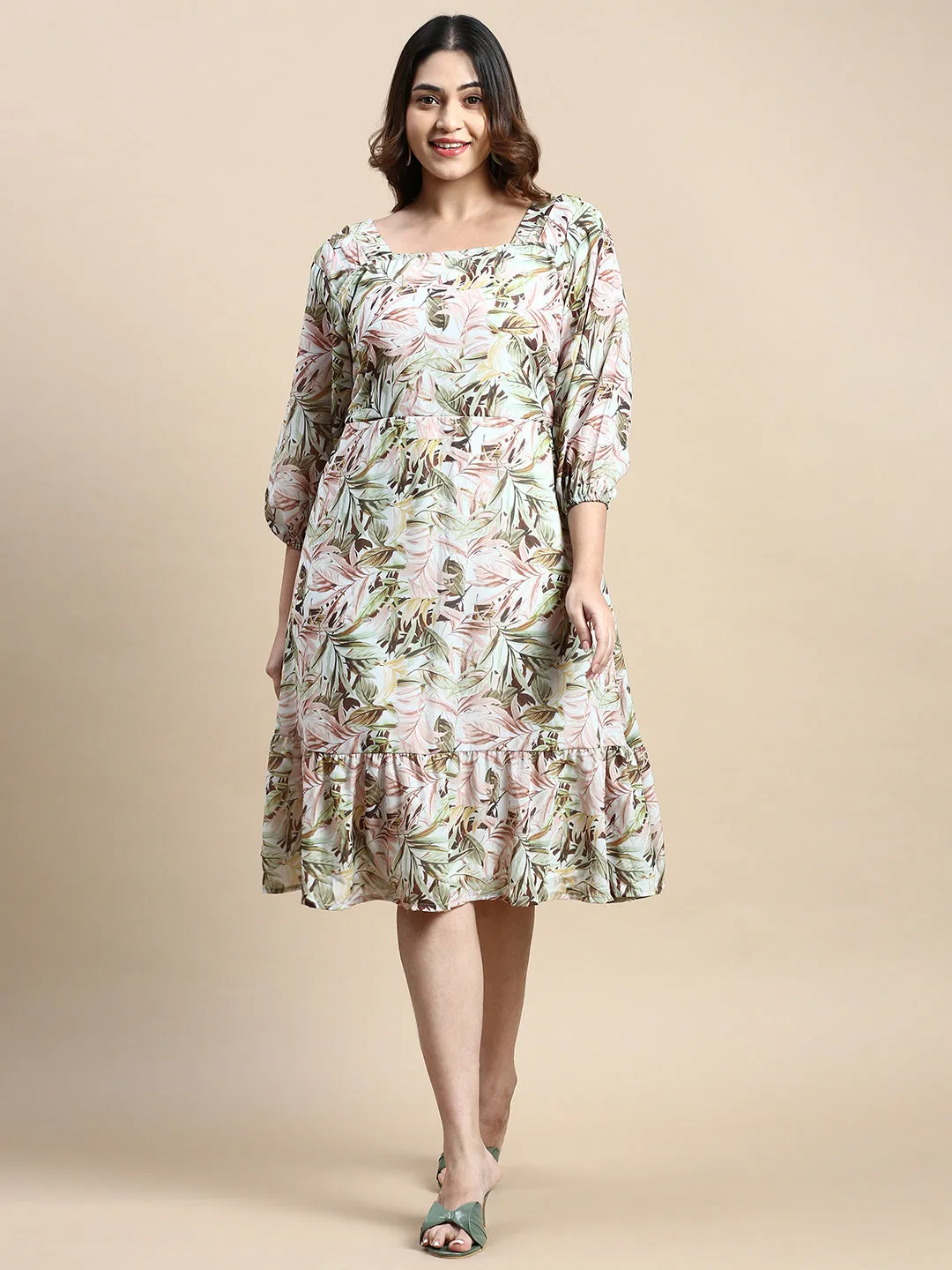 Women Puff Green Tropical Fit and Flare Dress