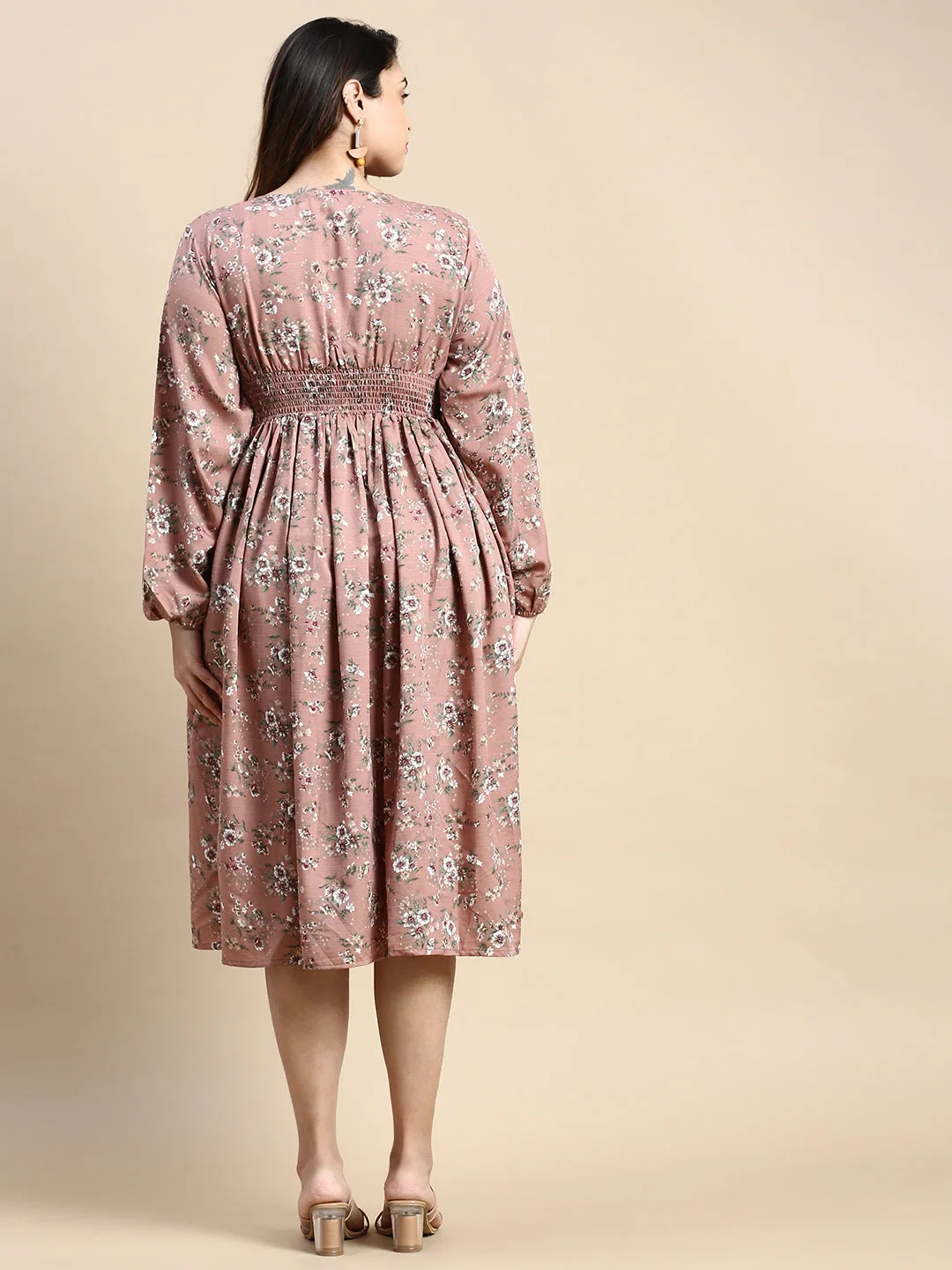 Women Puff Mauve Floral Fit and Flare Dress