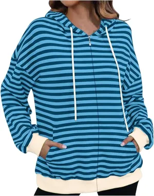 Women's Striped Hooded Sweatshirts Casual Long Sleeved Zippered Jackets Fall Trendy Thin Coats with Pockets